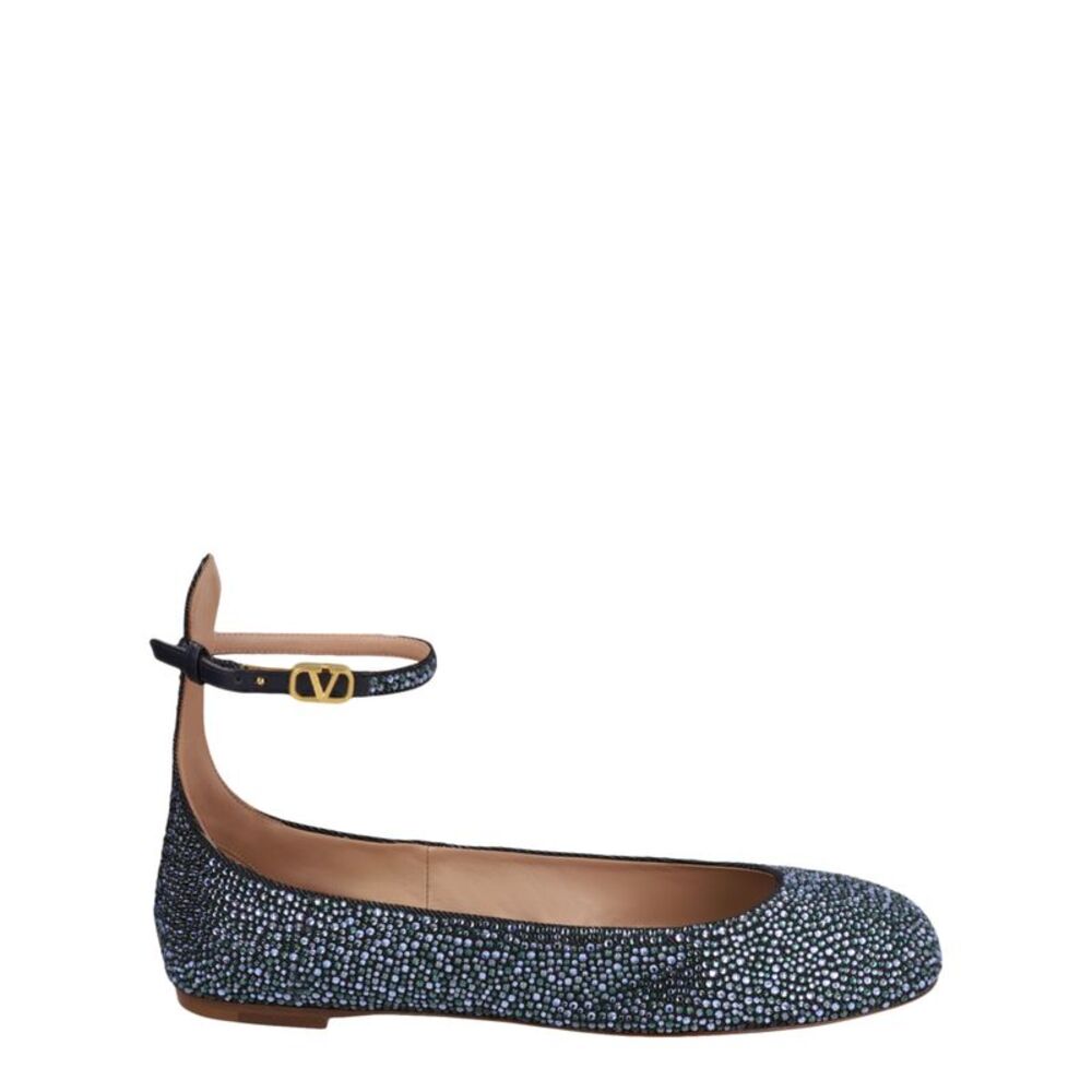 Valentino Tan-Go Crystal-Embellished Denim Ballet Flats Blue Womens